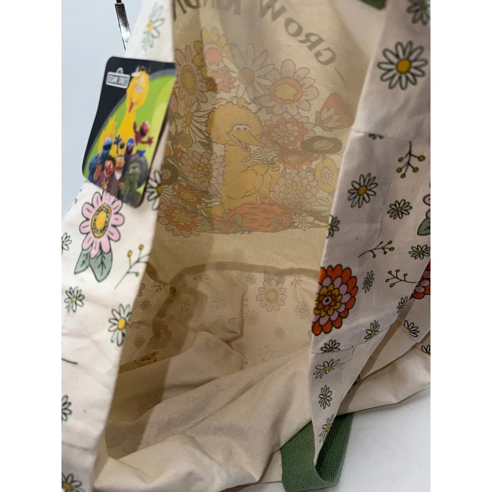 Sesame Street Big Bird Grow Kindness Canvas Tote Bag Floral Cream Green NWT
